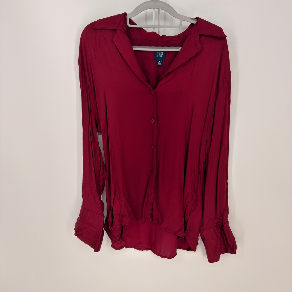 Gap Button Front Shirt Womens Medium Tall Burgundy Red Rayon Long Sleeve Office
